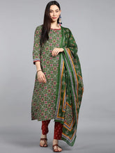 Women Green Printed Regular Pure Cotton Kurta With Trousers With Dupatta Set